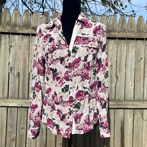 WHBM Floral Silk Button Up Blouse Collared